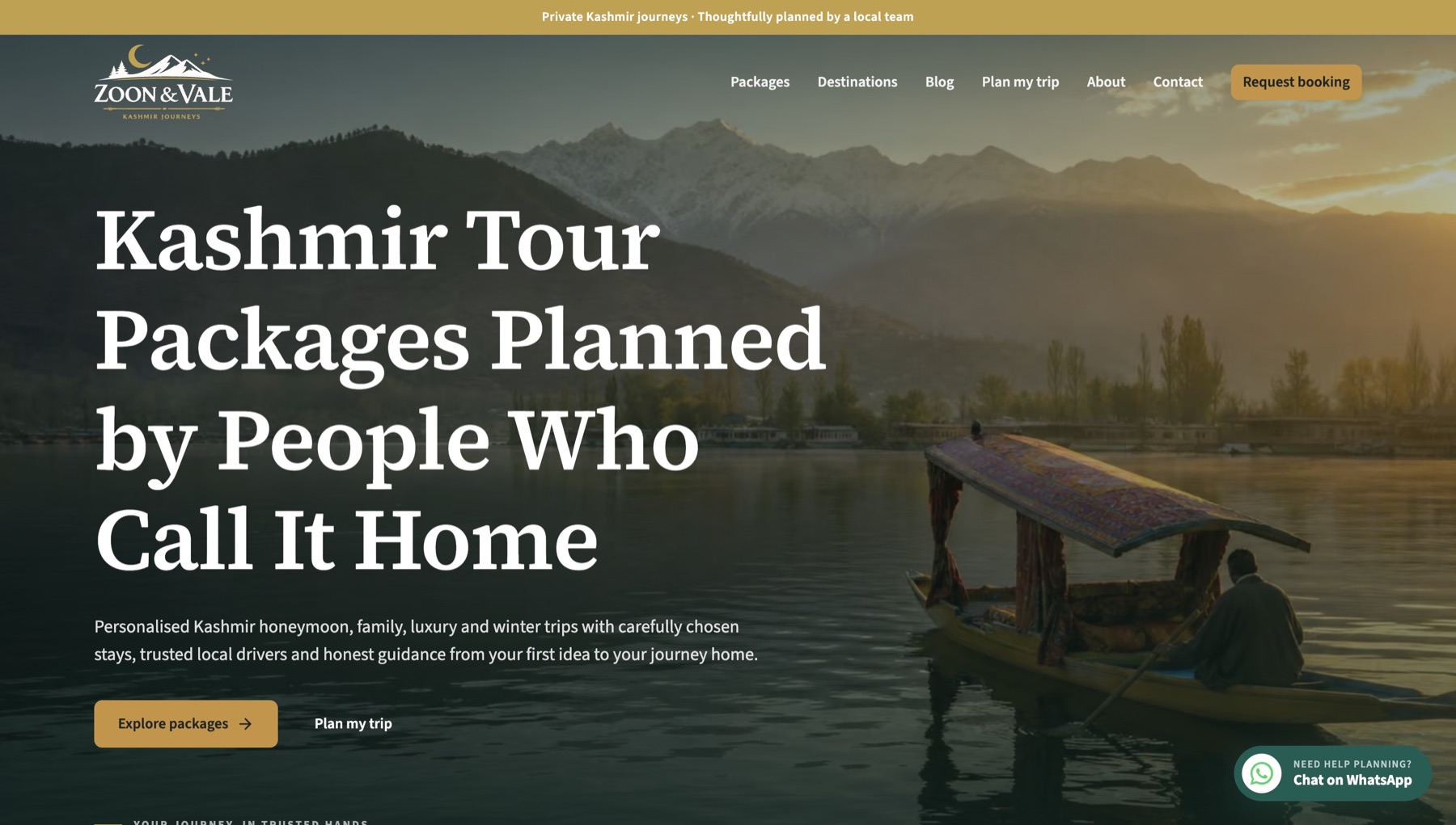 Zoon and Vale Kashmir travel website homepage